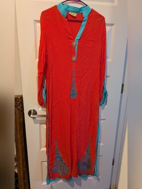 Coral Kurta with Teal Embroidery